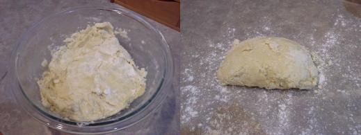 Step Six: Mix well. I promise you'll end up using your hands, Step Seven: When mixed as well as possible, dump it our onto a floured surface Step Seven: When mixed as well as possible, dump it our onto a floured surface