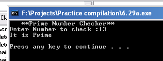 Screenshot of program used to check if a number is prime or not.