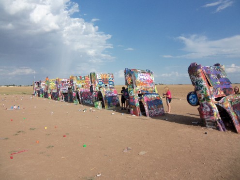 The extremely colorful Cadillac Ranch in Texas
