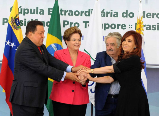 (Left to right) Presidents Hugo Chavez (Venezuela), Dilma Rousseff (Brazil), Jose Mujica (Uruguay), Cristina Kirchner (Argentina)