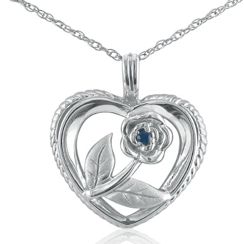 Sapphire Rose in Heart Necklace in Sterling Silver on an 18 Chain