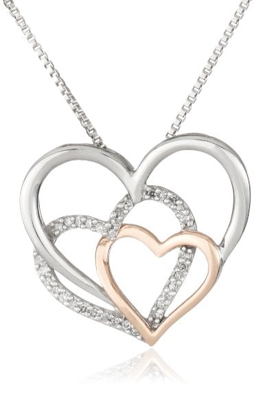 XPY Sterling Silver, 14k Rose Gold, and Diamond Triple Heart Pendant Necklace (.09 cttw, I-J Color, I3 Clarity), 18"