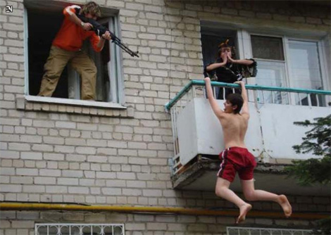 Somebody got caught at the top floor of a ten story building so you figure either way Hun!   