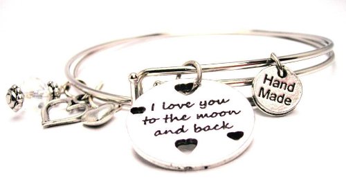 I Love You to the Moon and Back with Hearts Adjustable Wire Bangle Charm Bracelet