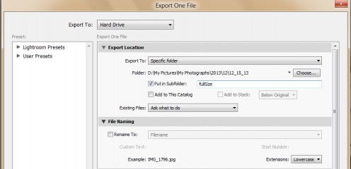 Close up of the export window in Lightroom.
