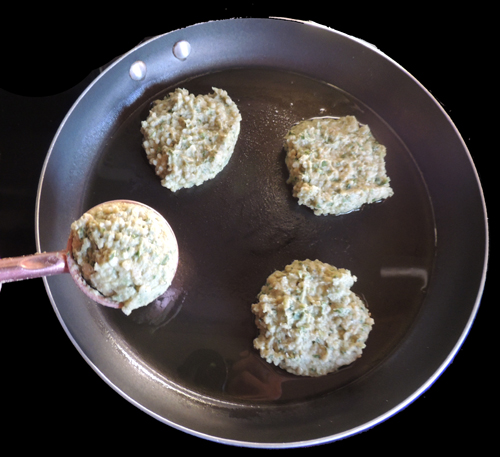 Using a  ¼ cup measure, drop patties into sizzling pan (on med-hi heat) 