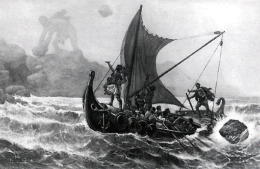 The Cyclops throwing rocks at Odysseus and his men. 