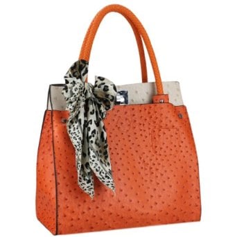 Orange / Beige Ostrich Embossed Shoulder Tote Style Handbag