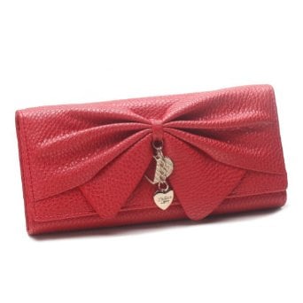 Damara Women Long Faux Leather Bifold Large Bow Design Wallet Handbag,Red