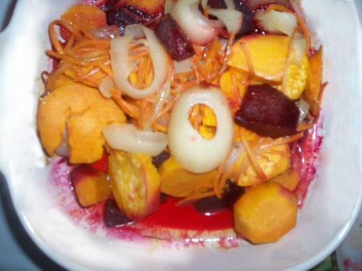 Beets will dye your other veggies if stirred so you can drain or spoon carefully if the stain is not wanted.