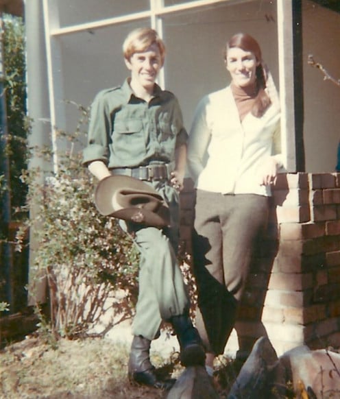 The author in army cadet jungle greens aged 13, with Mum.