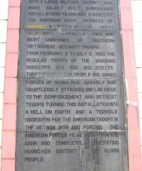 Plaque at Khe Sanh Combat Base where over 2000 US and South Vietnamese troops were killed between January and July 1968