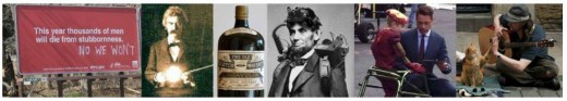 Can you find Mark Twain in this montage of internet photos? Hint, he is pictured checking out something in the laboratory of fellow-Genius Nikola Tesla.