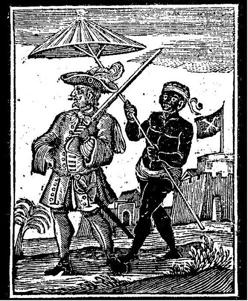 A woodcut from A General History of the Pyrates (1725) showing an enslaved man escorting Captain Every