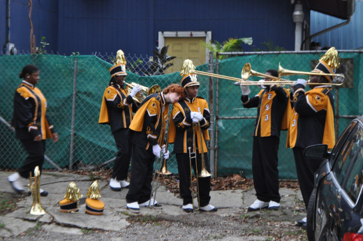 Between each float comes a school marching band or other group- these kids have been marching nightly for weeks. No wonder they're pooped!