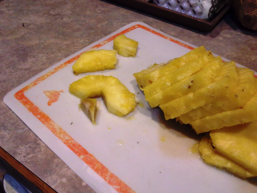Step Six: Then cut each slice in half, remembering to cut out the hard center of each piece