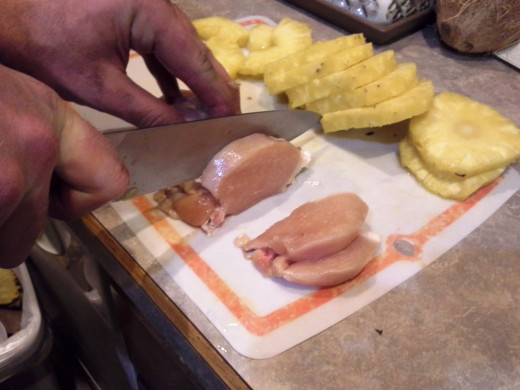 Step Eight: Slice your thawed chicken into thick slices similar to your pineapple