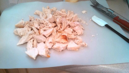 Step Two: Shred your chicken; In this case, we just used a chicken breast cooked on another night