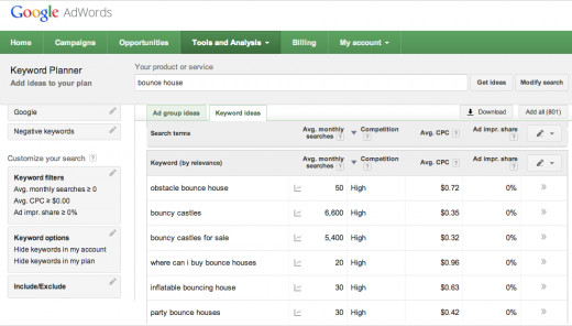 Generates new keyword ideas based on your search term