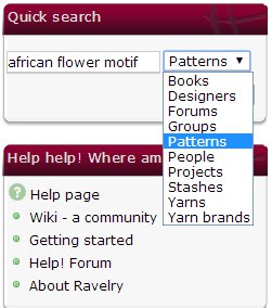 The drop-down menu allows you to search for books, designers, forums, groups, patterns, people, projects, stashes, yarns, and yarn brands. To find a pattern, either choose "patterns" or "projects."