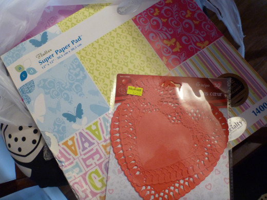 Red heart lace doilies and scrapbook paper