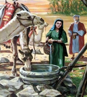 Eliezer meeting Rebekah at the well.