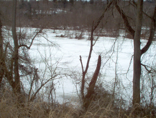 Rappahannock River on January 25. 2014 immediately west of the Route 1 bridge.  The river water is difficult to see, if it is visible at all.