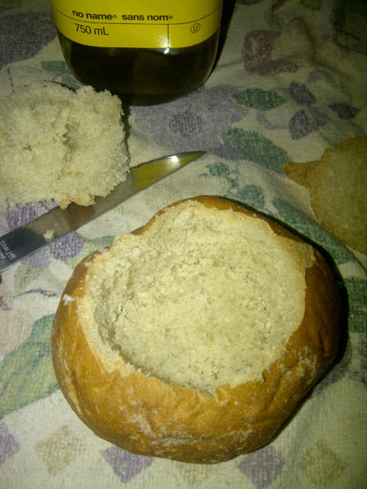 The bun hollowed out and it's bread plug off to the side.  We are now ready to seal it.