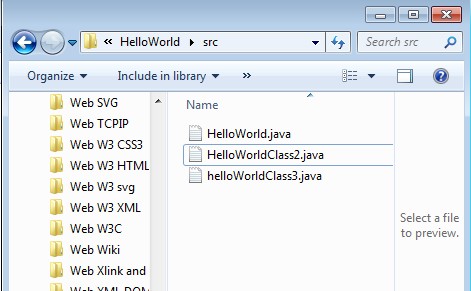 Note that in the project source (Hello World) the class files appear in the src subdirectory.