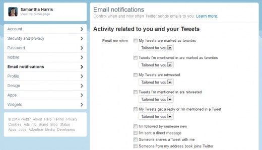E-mail Notifications, decide how much and how often you would like Twitter to e-mail you updates.