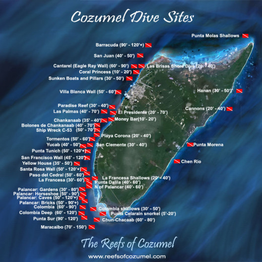Cozumel, Mexico is a protected marine park. Over 2,500, 000 visit the island every year. Scuba diving on the beautiful reefs is a popular attraction.