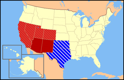 "The Dark Red states mean they are almost always considered Southwest states, The light red states mean they are rarely considered Southwest states and the Blue States mean they are considered Southwest and Southern states."
