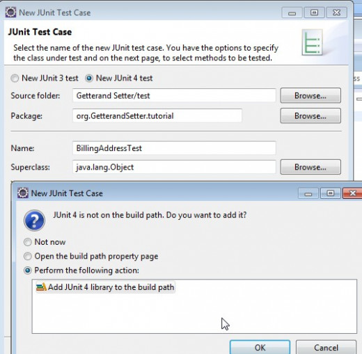Note that the bottom part of this panel is a pop-up window asking whether JUnit 4 should be added to the build path.