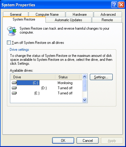 The system Restore tab in the System Properties window.