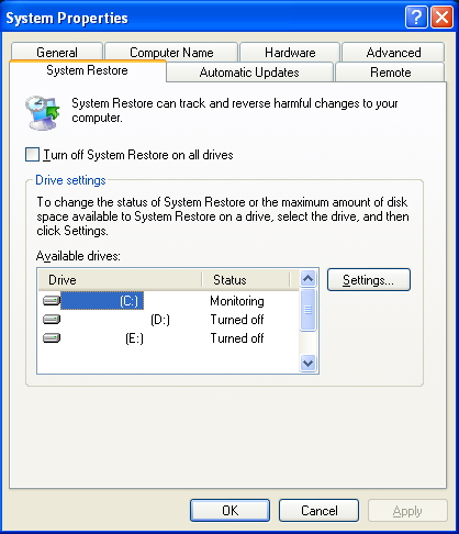 The system Restore tab in the System Properties window. The system Restore tab in the System Properties window.