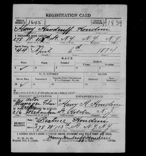 Harry Houdini's Draft Record