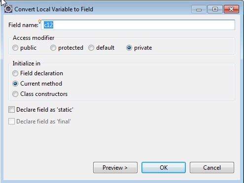 After highlighting a statement in the code. Choose Refactor from the toolbar. Select the option to "Convert Local Variable to Field". This popup appears.