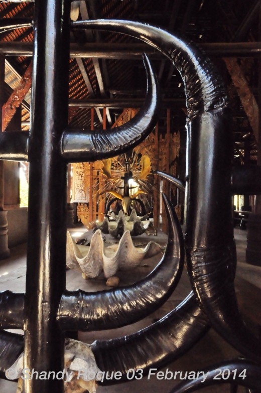 The back of the chair is made up of buffalo horns. It is decorated with a white horned skull that contrasts with the furniture's opaque coloring.on the table is a line of white shells. Behind the chair are the fringes of peacock feathers.