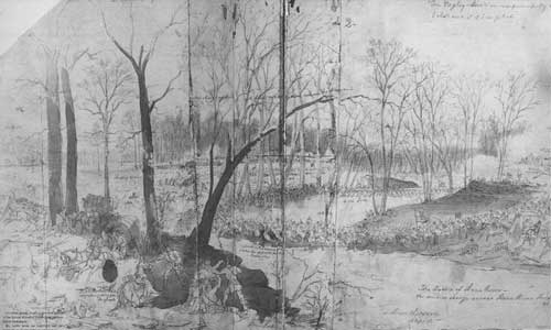 Sketch - troops cross a Stone's River at a ford in TN