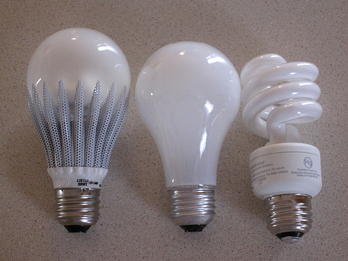 An LED light (designed to look similar to) a regular incandecent bulb and a CFL spiral bulb