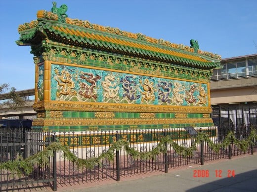 Traditional Nine Dragon Wall in Chicago's Chinatown.