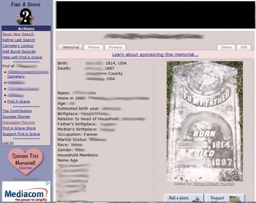 Altered photo that shows a FindAGrave submission that includes a photo of a headstone consistent with the transcribed birth and death dates, with the inclusion of additional information, in this case, census data.
