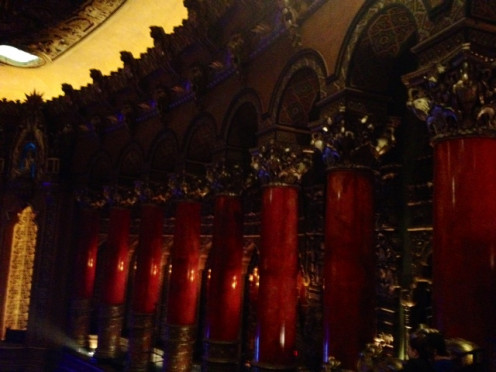 Some of the red pillars inside the theater at the Fox in St. Louis.  It was so beautiful, though the lighting was kind of dark and hard to capture. 