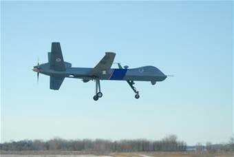 The first Predator B Unmanned Aircraft System on the northern border of North Dakota, at Grand Forks US Air Force Base.