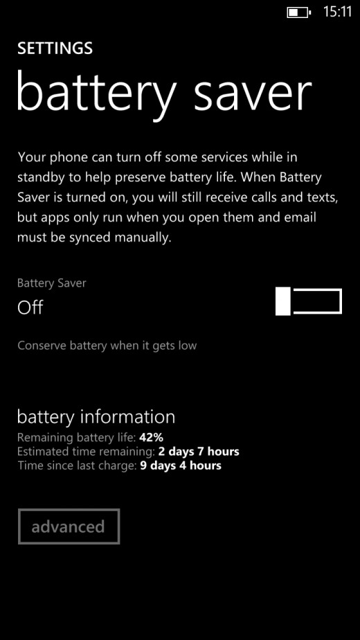 Battery info from phone settings menu