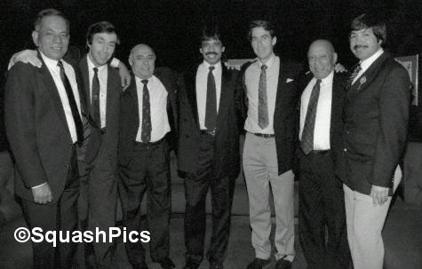 A classical picture showing British open Greats Jahangir Khan (10 times champion), Geoff Hunt (8), Hashim Khan (7), Jonah Barrington (6), Azam Khan (4), Roshan Khan and Qamar Zaman (1 each).