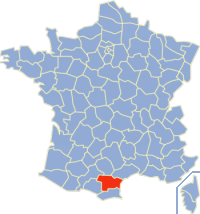 Map location of Aude department, France 