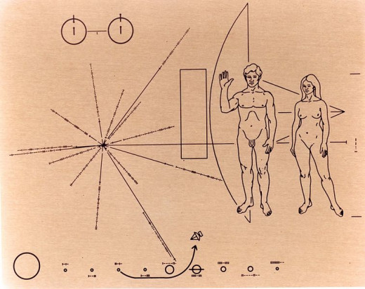 NASA image of Pioneer 10's famed Pioneer plaque features a design engraved into a gold-anodized aluminum plate