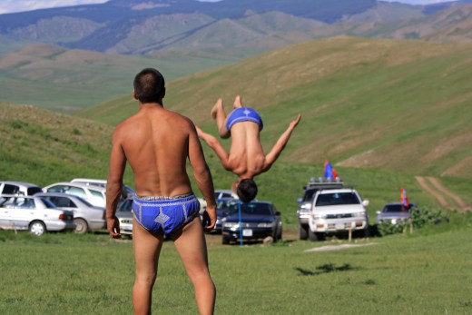 Mongolian folk wrestling, featuring gravity-defying, "G"-string acrobatics.