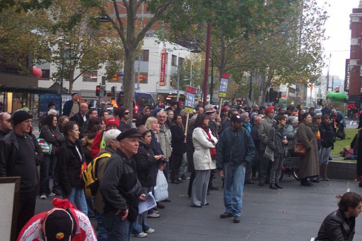 A crowd of people protesting the Intervention in the Northern Territory. 